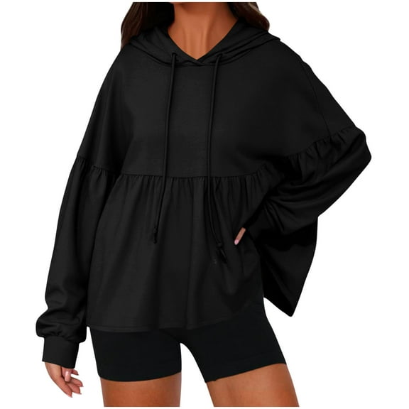 safuny Womens Oversized Solid Color Sweatshirts Casual Lantern Long Sleeve Drawstring Hoodies Loose Hem Pullover Tops Black _u M