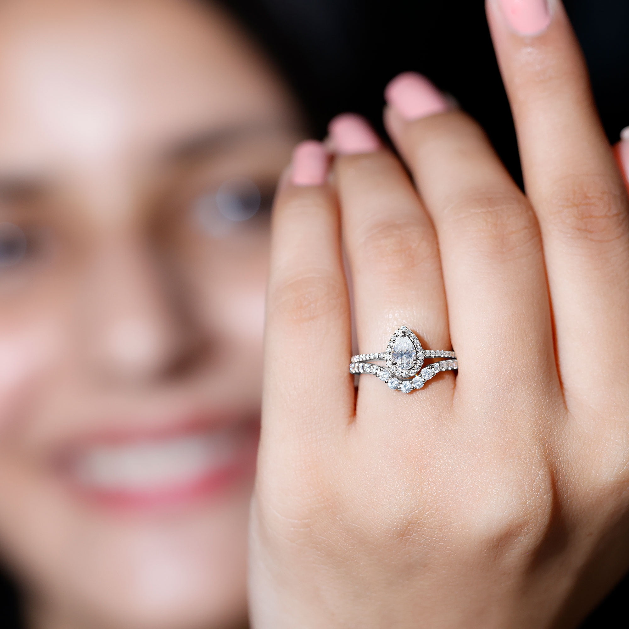Rosec Jewels Moissanite Wedding Ring Set for Women - D-VS1 Quality Pear Shaped Engagement Ring with Curved Band, 14K White Gold, US 11.00