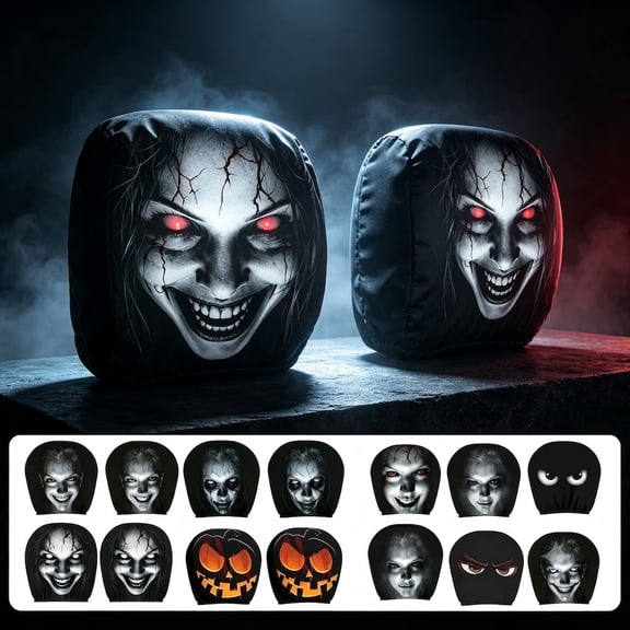2 Pack Scary Headrest Covers for Cars, Halloween Gruseliges Gesicht Autokopfkissenbezug, 2D Horror Druck Scherz Nackenkissen, Stretchy Seat Headrest Protector für Auto, Party Dekoration,Type-A