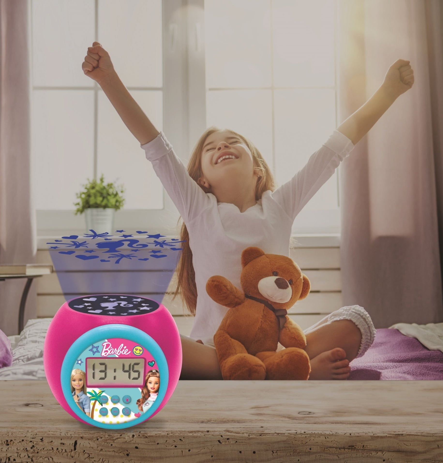 Lexibook, Barbie, Projector Alarm Clock with Alarm and Snooze Function, Night Light with Timer, LCD Screen, Battery Operated
