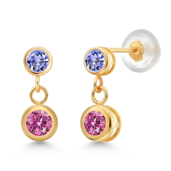Gem Stone King 14k Yellow Gold Pink Moissanite and Blue Tanzanite Two Stone Dangle Earrings for Women (0.76 Cttw, Gemstone, Round 4MM, Round 3MM)