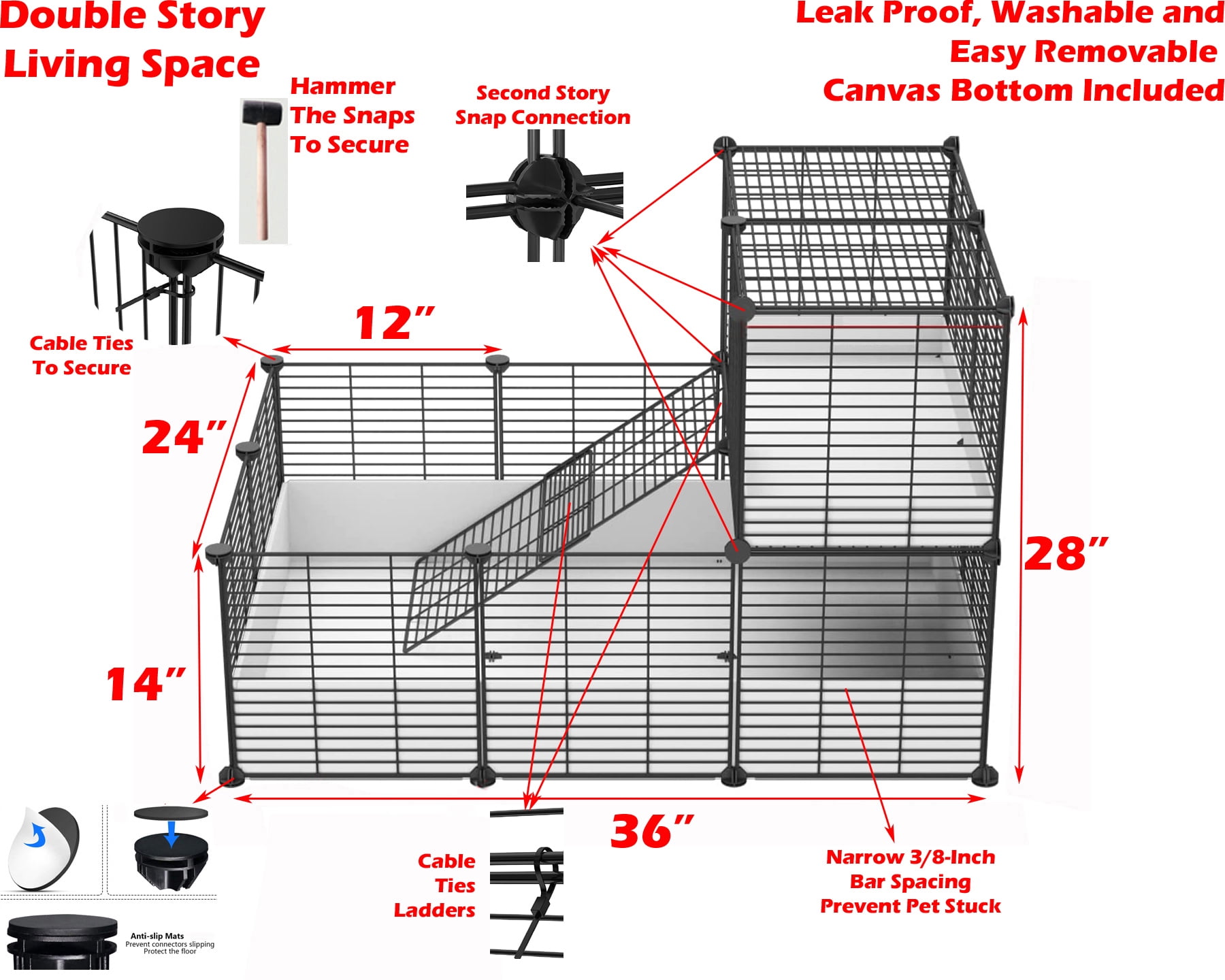Mcage Waterproof 2-Story Extra Large Metal Small Animal Cage with Rubber Mallet & Non-Slip Pads Black