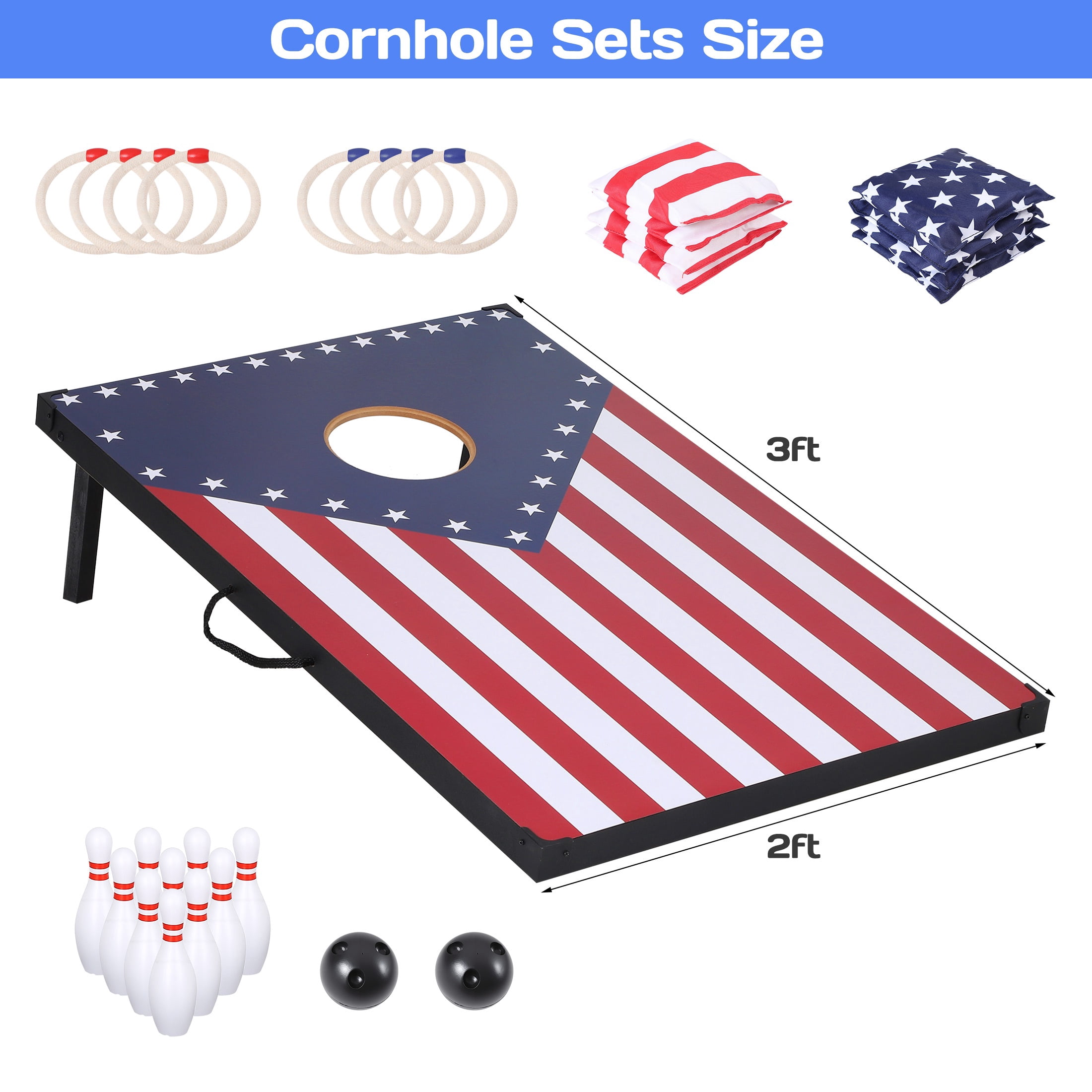 Portable Cornhole Sets with 8 Bean Bags, 3 in 1 Cornhole Boards Set with Ring Toss & Bowling Game, Segmart Wooden Cornhole Sets with Carrying Bags for Backyard, Beach, Party