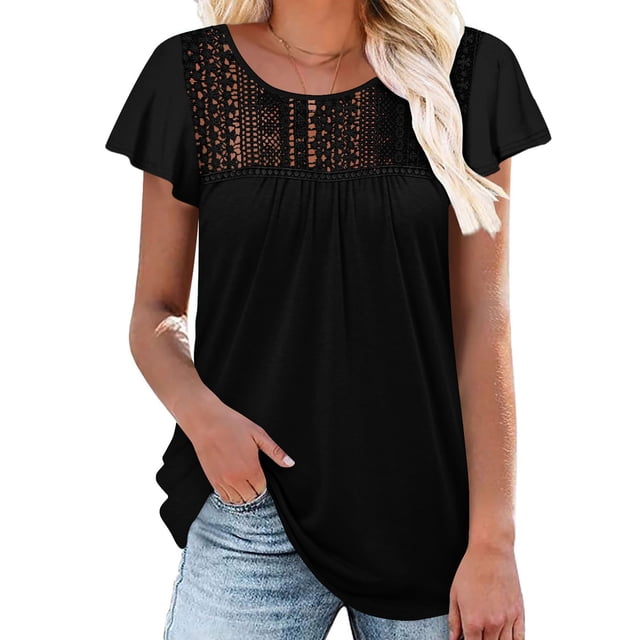 Blouses pour Femmes, Haut Ajusté à Manches Courtes en Dentelle à Volants et Col Rond Uni pour Femmes