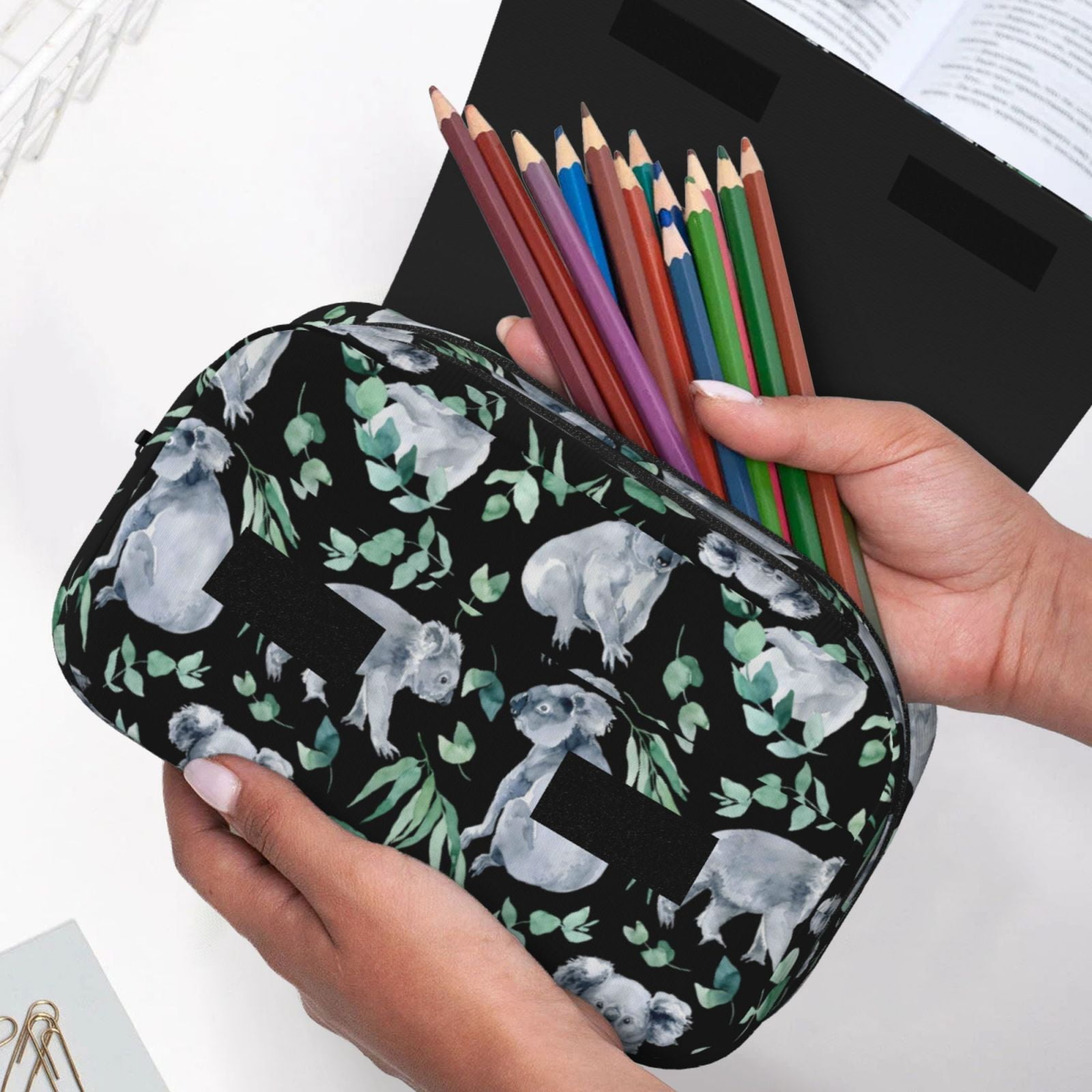Rateoe Cartoon Koala Bear Pattern Double Clamshell Pen Case, Storage Organizer with Two Zipper Compartments– Holds Up to 50 Pencils & Pens