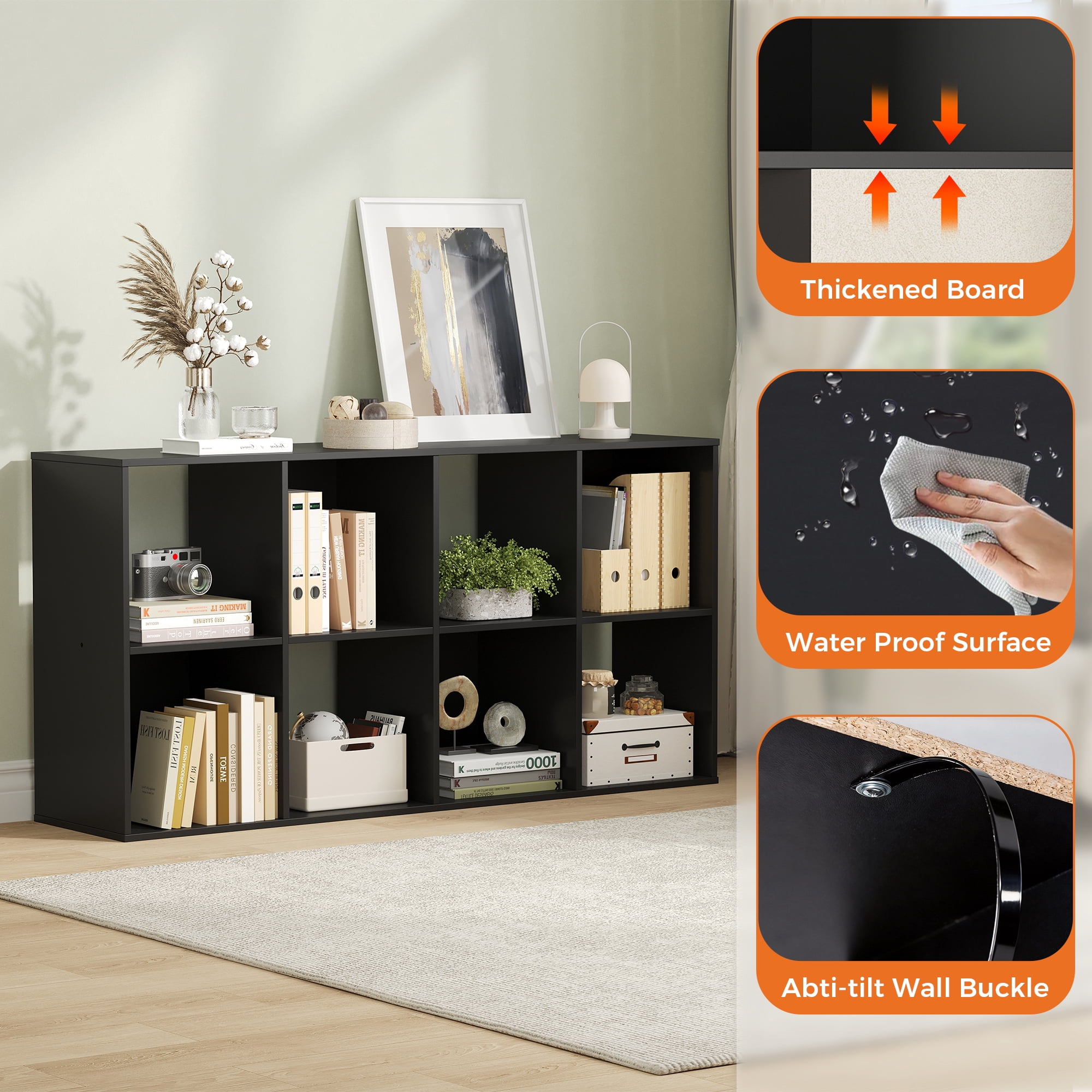CONCETTA 8 Cube Storage Organizer, Open Corner Bookshelf with Removable Back Panels for Living Room Bedroom Office, 24*12*48 inches, Black