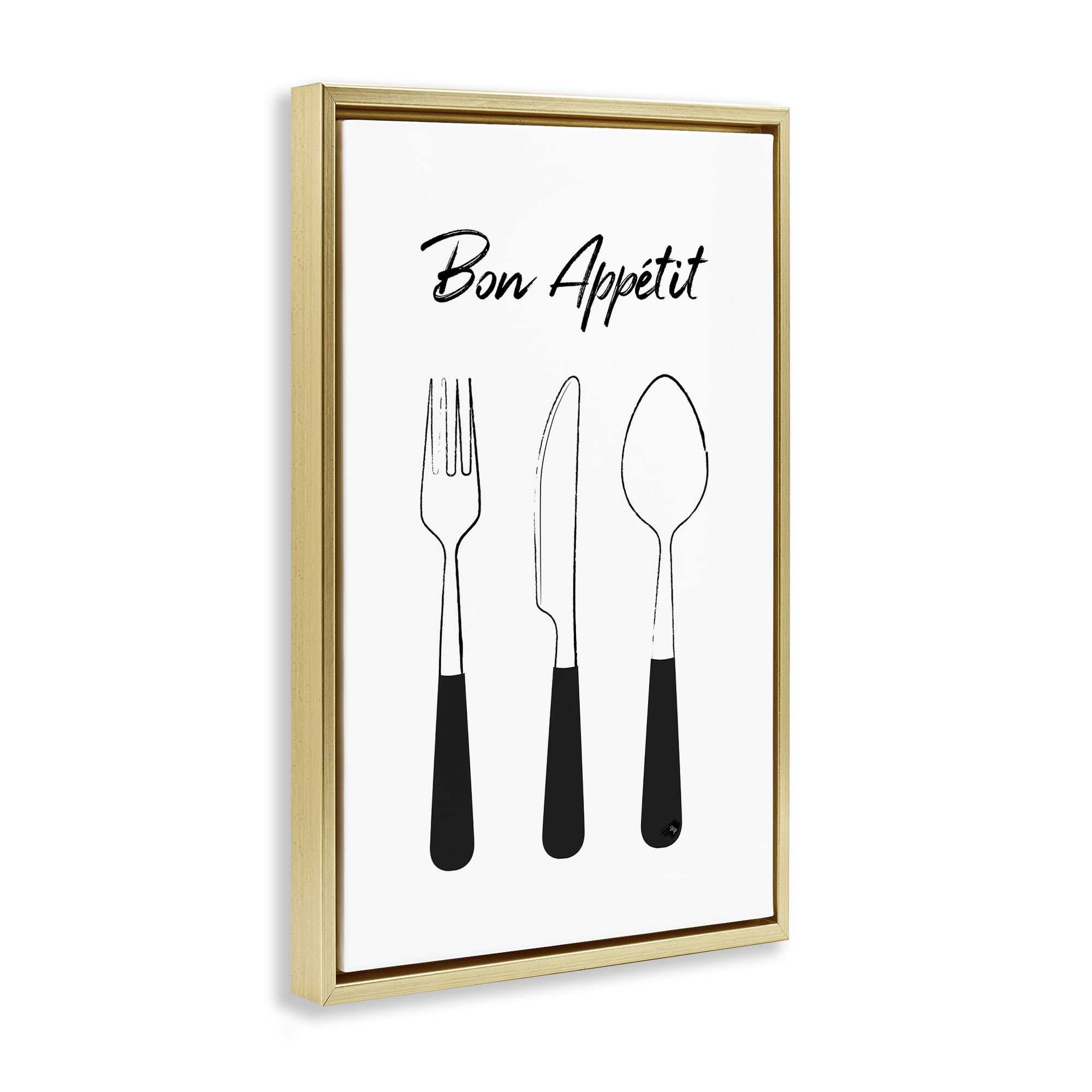 Stupell Industries Bon Appetit Fork Knife Spoon Gold Framed Floater Canvas Wall Art, design by Martina Pavlova
