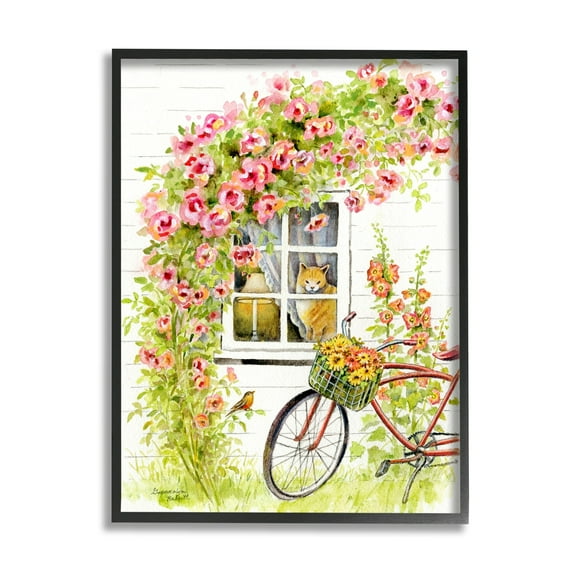 Stupell Industries Pink Bicycle with Charming Cat Cottage Black Framed, 11 x 14, Design by Gwendolyn Babbitt