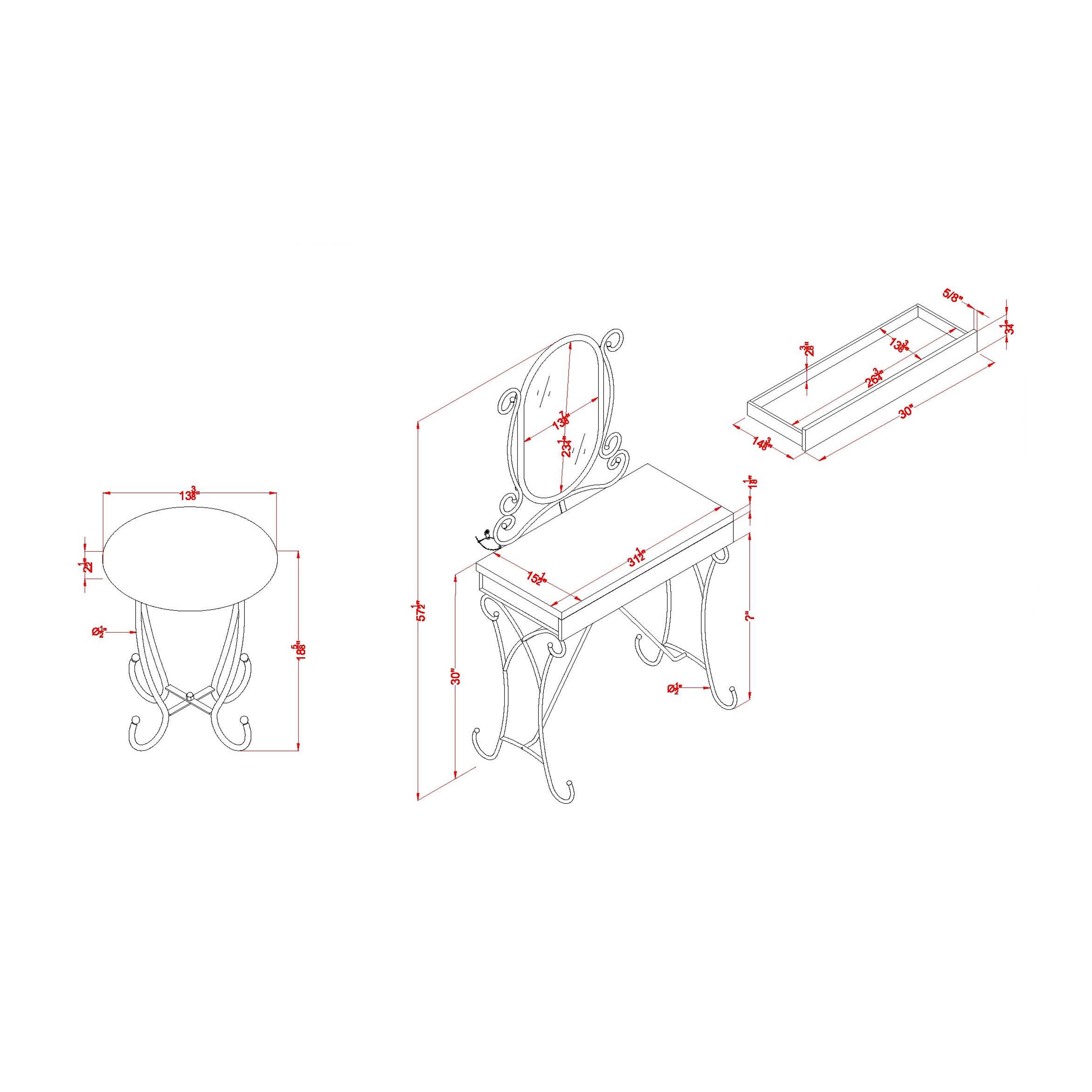 Furniture of America Patty Teen 3-Piece Makeup Vanity Set with Padded Stool, Pink