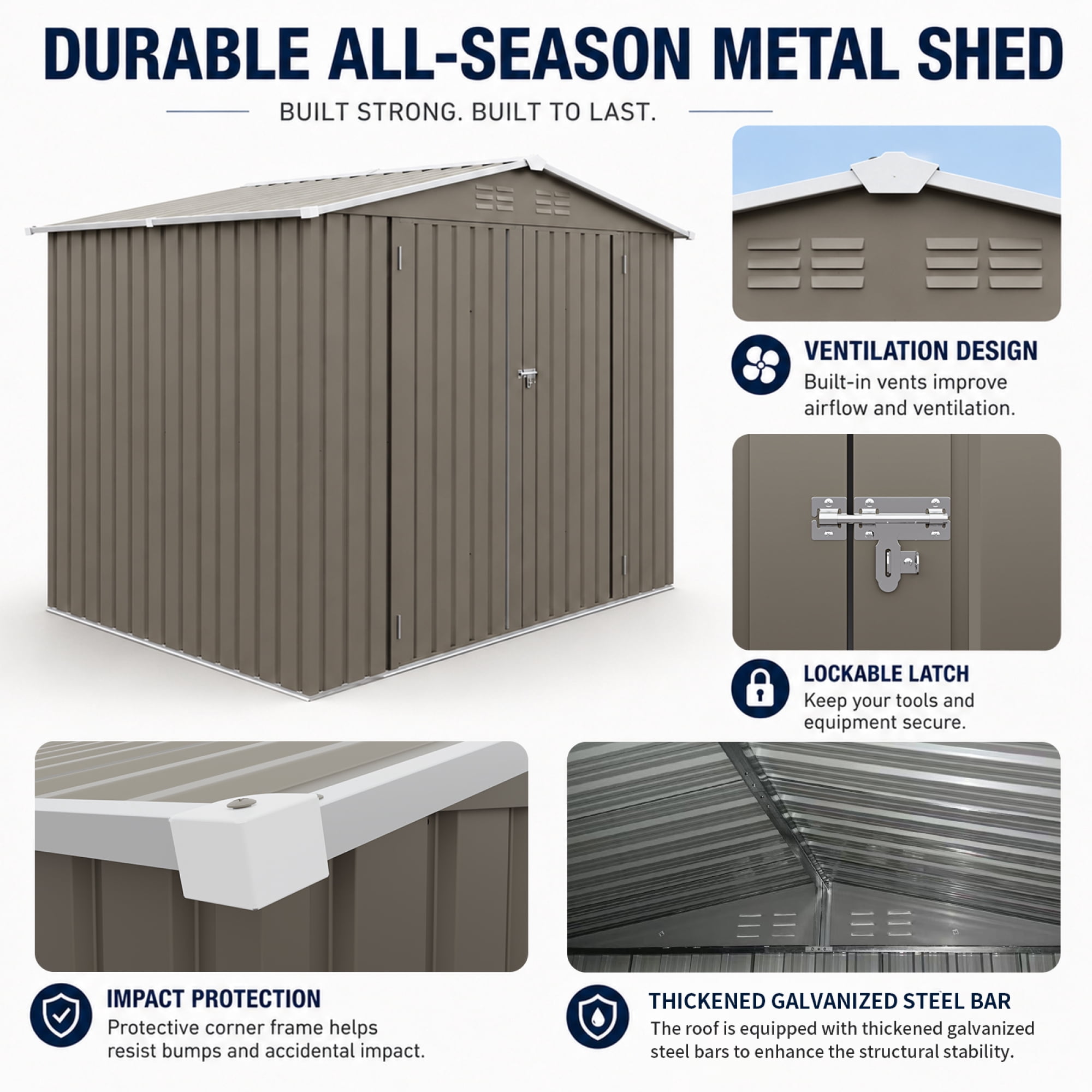 Leumius 8x6 FT Outdoor Metal Storage Shed, Galvanized Steel Panel Tool House with Lockable Double Door & Built-in Vents for Backyard, Patio, Lawn Olive Grey