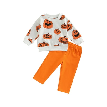 

AMILIEe Kid Baby Boys Girls Halloween Pants Suit Long Sleeve Pumpkin Shirt + Long Ripped Cutout Pants