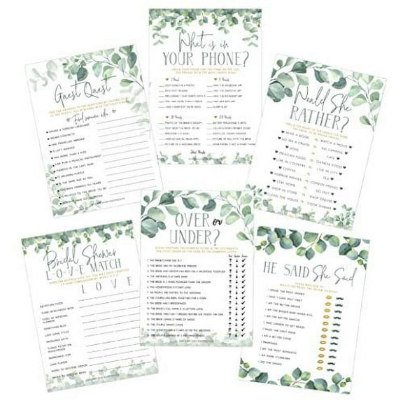 Bridal Shower Games Greenery Floral Eucalyptus Theme Fun Activities Set of 6 for 25 Guests