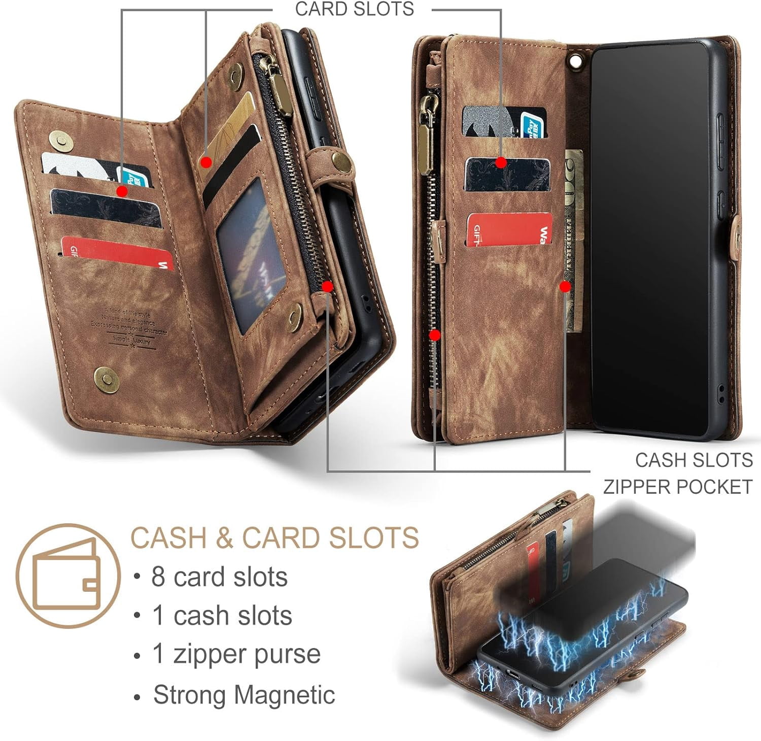 Asuwish Phone Case for Samsung Galaxy S20 Plus S20+ 5G Zipper Wallet Detachable Cell Cover with Tempered Glass Screen Protector Strap Flip Card Holder S20+5G S20plus 20S + S2O S 20 20+ G5 Women Brown