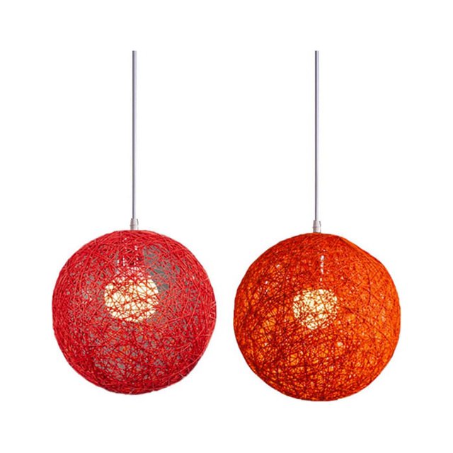 Lámpara de araña de ratán y cáñamo de 2 piezas con forma de bola y creatividad individual, pantalla de lámpara de ratán esférica, color naranja y rojo