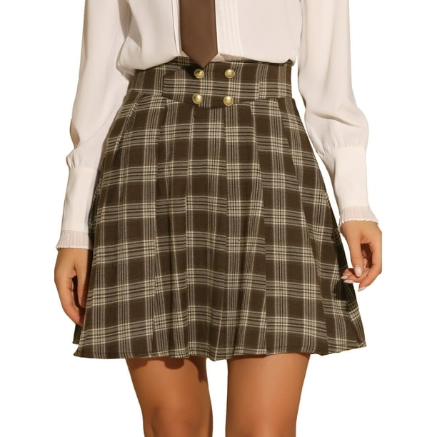 Falda a cuadros vintage para minifaldas plisadas de línea A con doble botonadura para mujer marrón XL