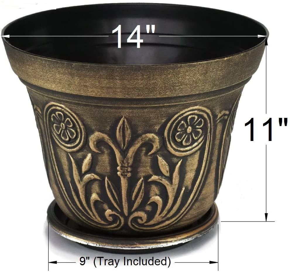 Large Medieval Plastic Flowerpots, Set of 2 Planter and 2 Saucers (4 Pieces) for Garden Patio Office Ornaments Home Decor Long Lasting Reusable Light Weight