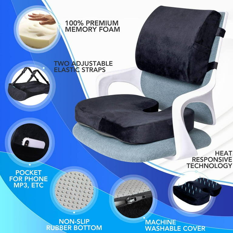 Qutool Coccyx Orthopedic Seat Cushion and Lumbar Support Pillow for Office Chair Memory Foam Car Seat Cushion Ergonomic Desk Chair Cushion, Size