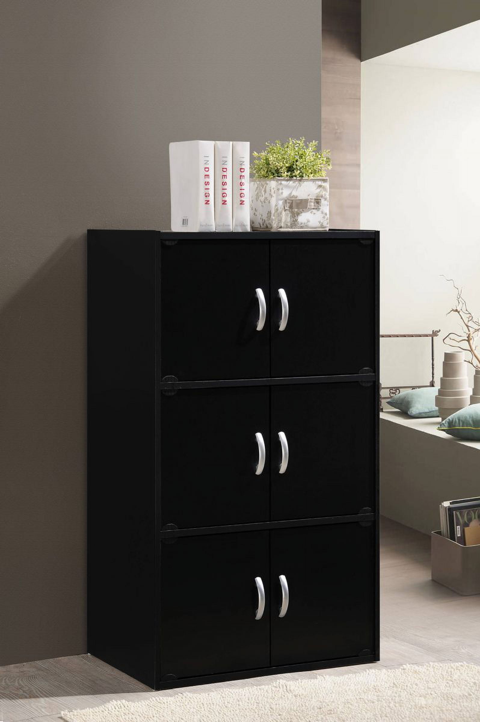 Hodedah 3-Shelf, 6-Door Multipurpose Bookcase, Black