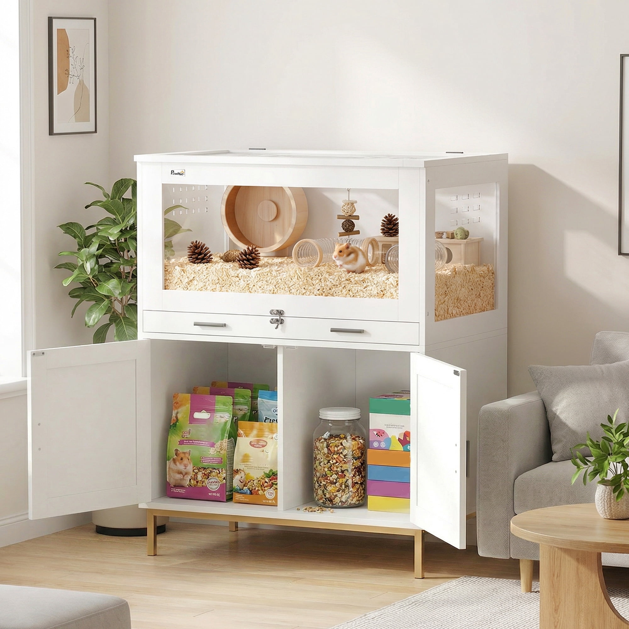 PawHut Hamster Cage with Storage Cabinet, Small Animal Cage with Pull Out Drawer and Acrylic Panels, Ventilated Large Guinea Pig Habitat
