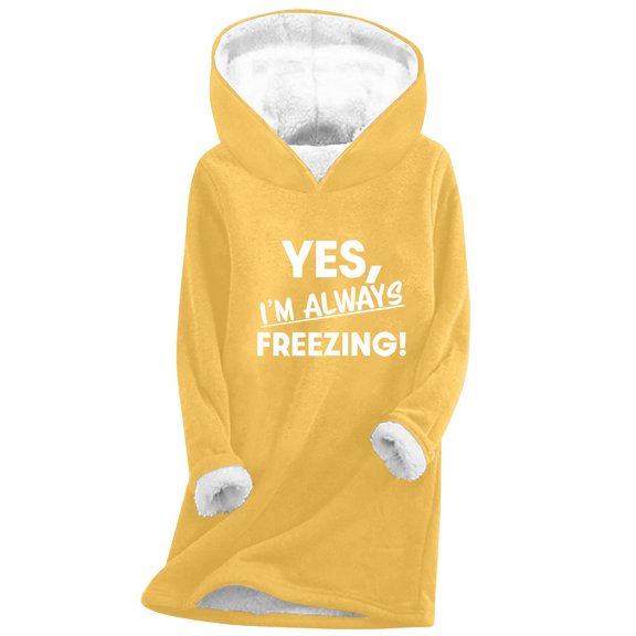 Hueook Crewneck Sweatshirts Women Women's Digital Printed Plush and Thickened Fashionable Casual Long Sleeved Hooded Round Neck Sweatshirt Yellow XL