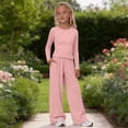 thumbnail image 2 of CPNG Girls 2 Piece Outfit Set Solid Color Long Sleeve Slim Top and Matching Wide Leg Lightweight Casual Sweatsuit Set, 2 of 9