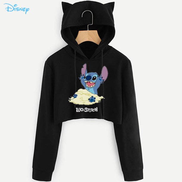 Disney Lilo Stitch Funny Print Hoodies Oversized Streetwear Fashion Cool Black Drawstring Short Crop Hoodie Women Cat Ears HoodM Gao Jinjia LED
