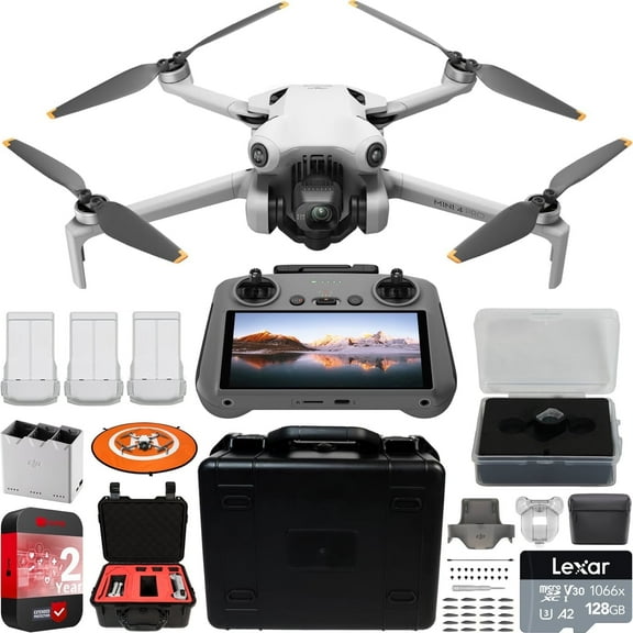 DJI Mini 4 Pro Folding Drone with RC 2 Remote (With Screen) Fly More Combo Plus, 4K HDR Video Camera, Under 249g, 3 Plus Batteries Bundle w/ Deco Gear Custom Hard Case   Wide Angle Lens & Accessories