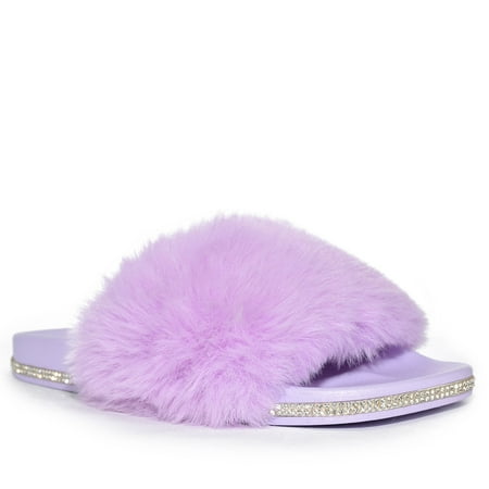 

Wild Diva MADELLE-01 Women’s Rhinestone Faux Fur Fluffy Open Toe Flat Slide Sandals