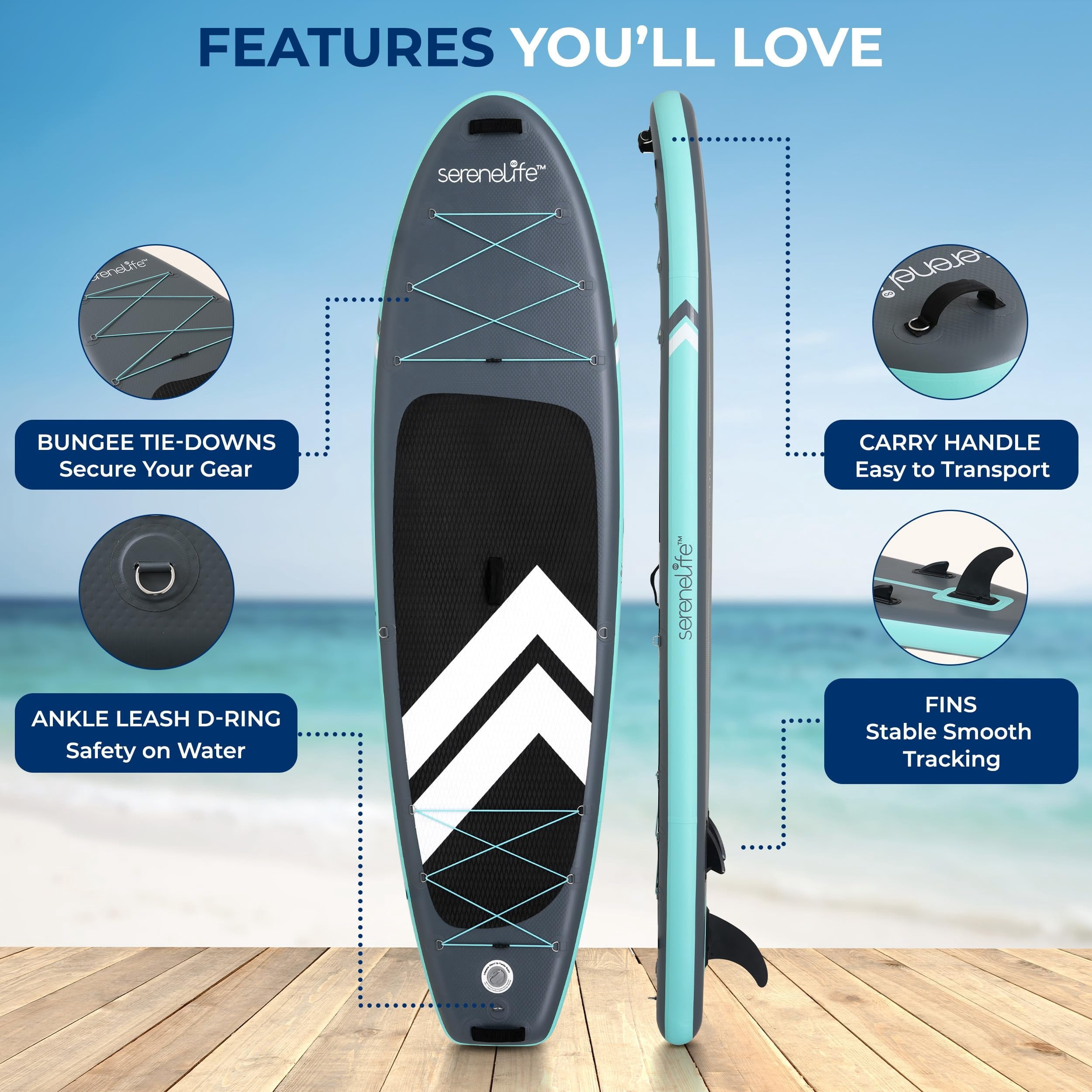 SereneLife 10 Inflatable Stand Up Paddle Board with Premium SUP Accessories - 33 Wide Stable Design with Non-Slip EVA Deck Pad for Youth and Adults, 350 lbs. Capacity