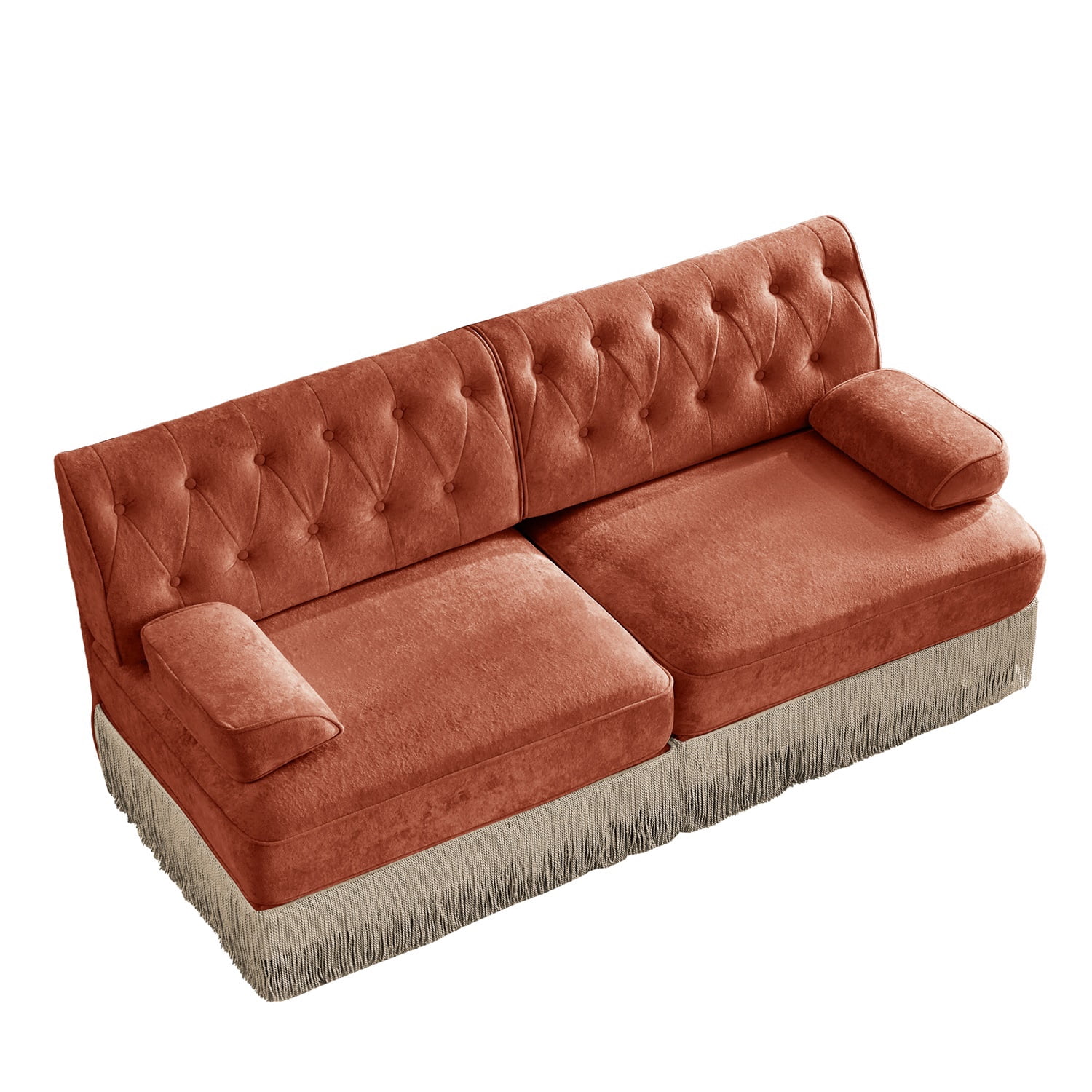 Hommoo 2-Seater Chesterfield Style Velvet Fabric Sofa Couch set, Tufted Button Upholstered Design and Floor-grazing TasseL, Free Combination Sectional Sofa, for Home, Red Brown