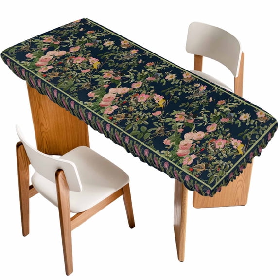 Black Flowers Table Cloths for 8 Foot Rectangle Tables, Spring Floral Elegant Pastoral Vintage Patio Waterproof Elastic Fitted Tablecloths, Washable Rectangular Table Cover for Camping