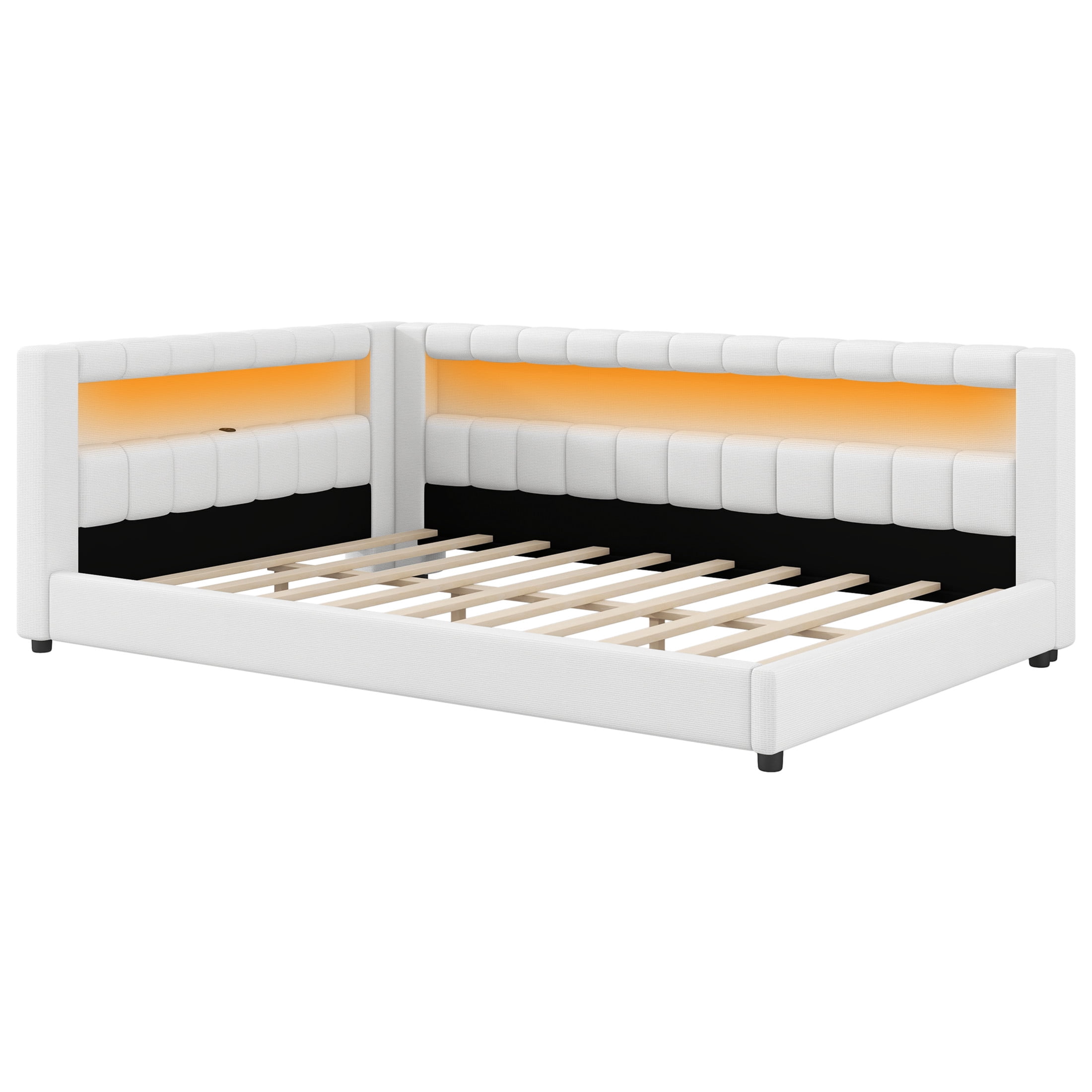 Noble House Dexter Full XL Linen Upholstered Platform Bed with LED Light Belt and USB Ports, Wood Frame, Cream White