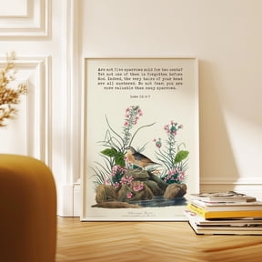 Are not five sparrows sold for two cents? Yet not one of them is forgotten before God. Luke 12:67 Art Print with Yellow winged Sparrow