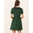 thumbnail image 4 of Vestido entallado y con vuelo de manga corta abullonada con cuello Peter Pan en contraste para mujer Verde Oscuro S, 4 of 6