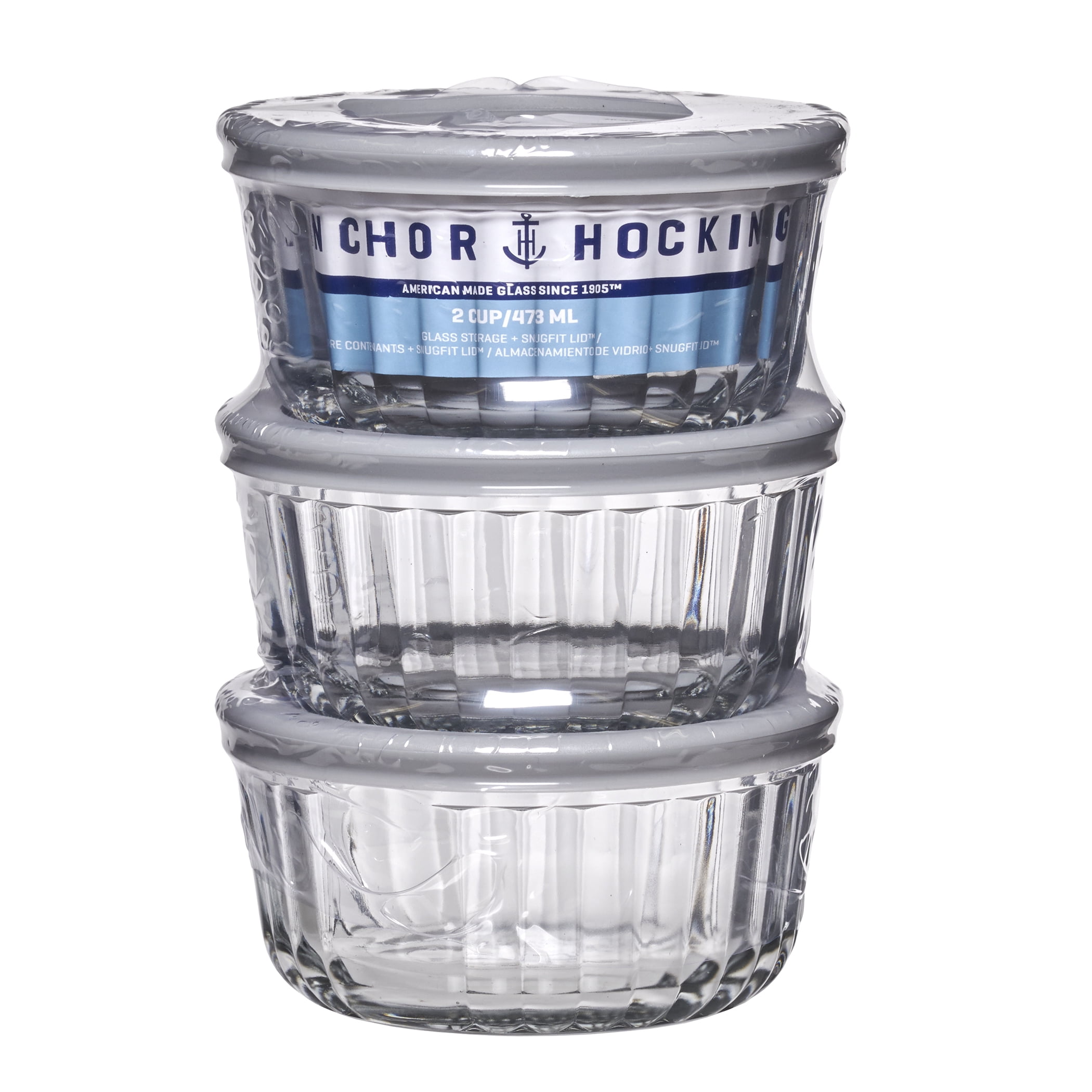 (6 pack) Anchor Hocking Sculpted Glass Food Storage Container with Lids, 2 Cup Round, Set of 3