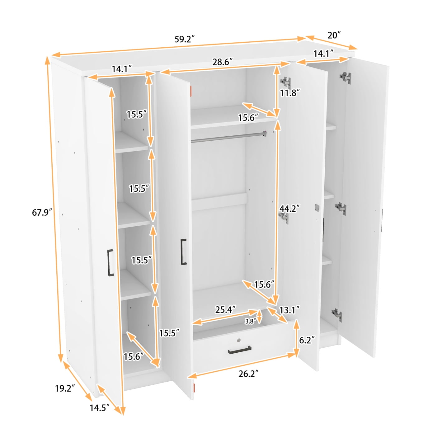 4 Door Wardrobe Cabinet Closet, Freestanding Clothing Cabinet with