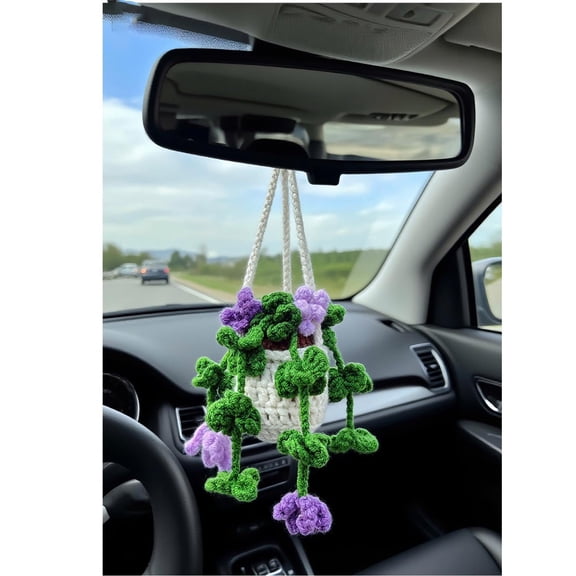 Handmade Crochet Hanging Ornament for Car Rear View Mirror | Cute Knitted Plant Pot Accessories for Women Car Décor Like Cherry, Succulent, Strawberry (Clover)