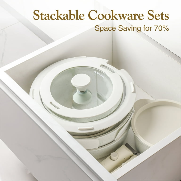 Sensarte Pots and Pans Set Nonstick with Detachable Handles, 14pcs  Induction Cookware Set Stackable, Space Saving Kitchen Cookware Sets  Non-Stick with
