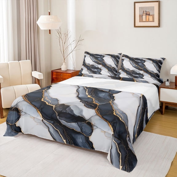 Homewish Modern Fashion Marble Full Size Sheets, Grey Navy Marbling Abstract Bed Sheets, Teens Adult Men Female Sheet Sets, Luxury Bedroom Decor, 4 Pieces