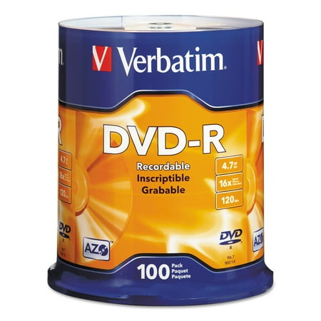 Verbatim DVD-R Discs, 4.7GB, 16x, Spindle, Silver, 100/Pack