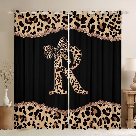 Homewish Initial R Letter Black Out Curtains, Chic Fashion Monogrammed Curtains Pack of 2 (42x63 Each), Princess Ribbon Style Bedroom Curtains, Window Curtains Bedroom Decor