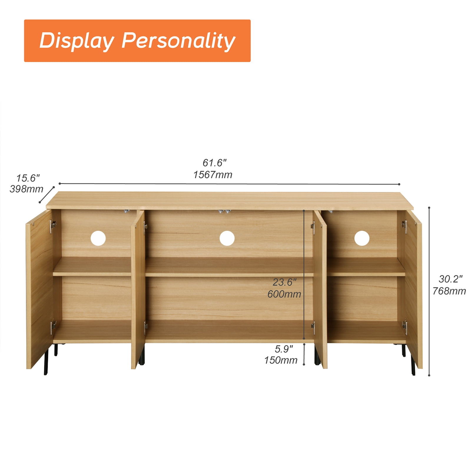 61" Minimalist 4-Door Sideboard With Rectangular Geometric Design And Double Chopstick Leg Base