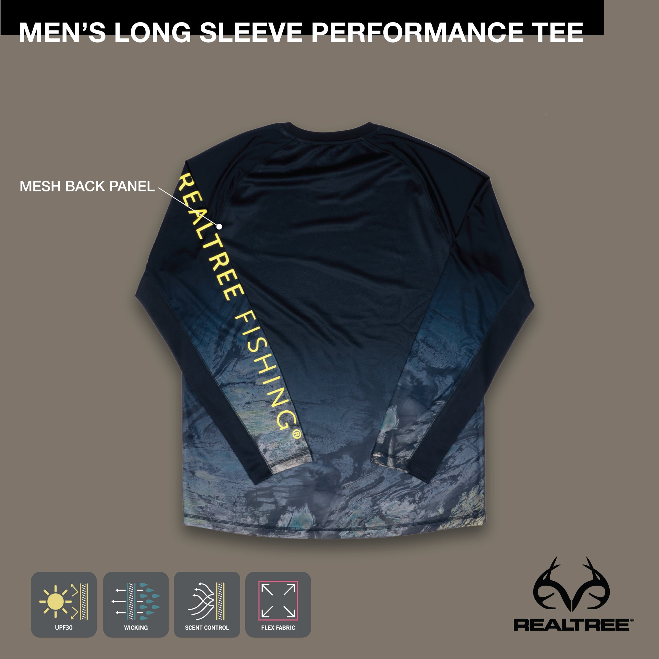 Realtree Men's Long Sleeve Performance Fishing Tee, Deep Ocean, M