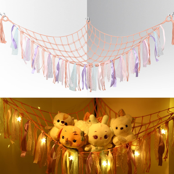 Allnice Hamac de Rangement pour Jouets en Peluche avec Lumière DEL, Filet Suspendu Bohème pour Animaux en Peluche Macramé, Organisateur d'Angle pour Peluches, Porte-Poupée pour Enfants, Filles, Bébé, Chambre de Bébé, Décoration de Chambre, Filets