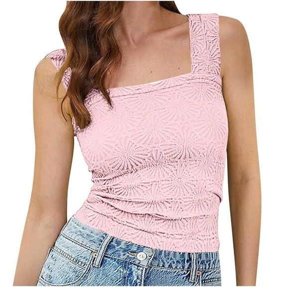 Wyobmus Tank Tops for Women Sleeveless Square Neck Wide Straps Crop Shirt Casual Floral Jacquard Slim Fit Crop Cami Vest Tops Pink