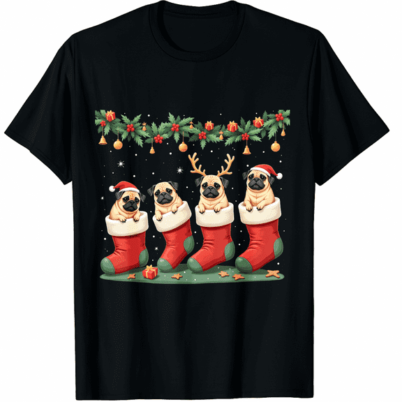 Pug Christmas Shirt Stocking Dog Xmas Short Sleeve T-Shirt for Men Women