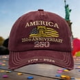 thumbnail image 2 of 250Th Anniversary Hat, 250Th Anniversary, Anniversary, Embroidery, 250Th, Bell, Baseball, Distressed Washed Twill, Maroon, Adjustable Fit, 1 Pc, Patriotic Parades, Us Founding, 2 of 5