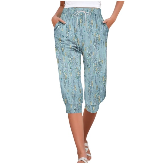 WREESH Womens Capri Pants Casual Elastic Tie Waist Loose Long Pants with Pocket Capris Blue