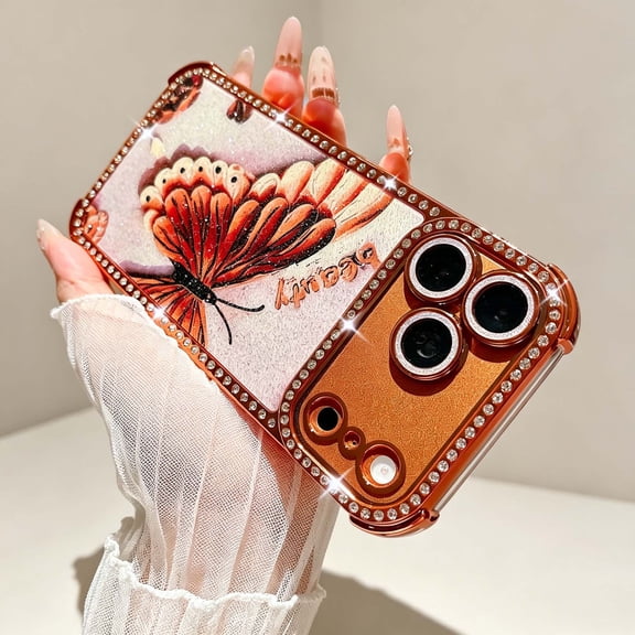 ShellTech Glitter Phone Case For iPhone 17 Pro with Built-in Lens Protector Cover, Bling Sparkly Diamond Butterfly Non-Slip Shockproof Plating Protective Cover for Women Girls,Orange