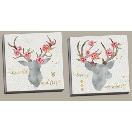 Home And Cabin Decor Lovely Watercolor-Style Floral Deer Head Silhouette by Jess Aiken; Cabin Decor; Two 12x12in Hand-Stretched Canvases ()